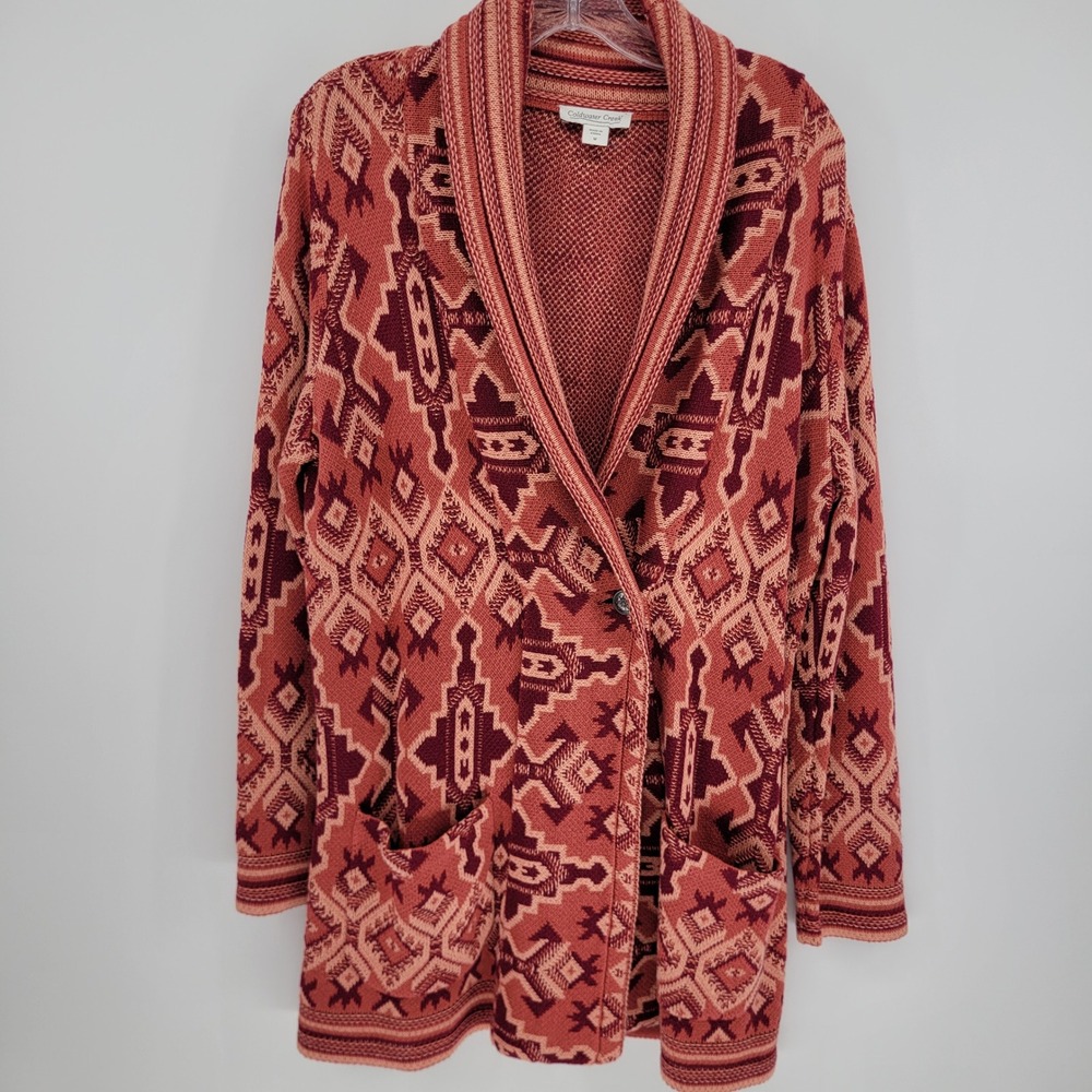Coldwater Creek Womens M Southwestern Shawl Collar Cardigan Sweater Pink Orange